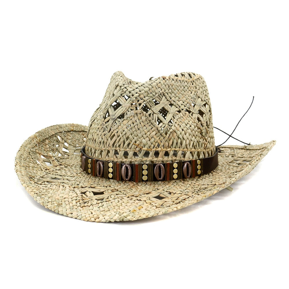 Cowboy hat fashion hollow handmade cowboy straw hat men&#39;s summer outdoor travel beach hat unisex solid color western cowboy hat AMAIO