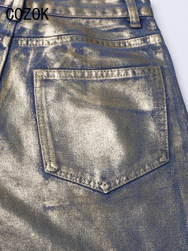 Cozok Metallic Wide Leg Jeans High Waist Pants For Women 2023 Autumn Vintage Y2K Streetwear Casual Loose Straight Denim Trousers