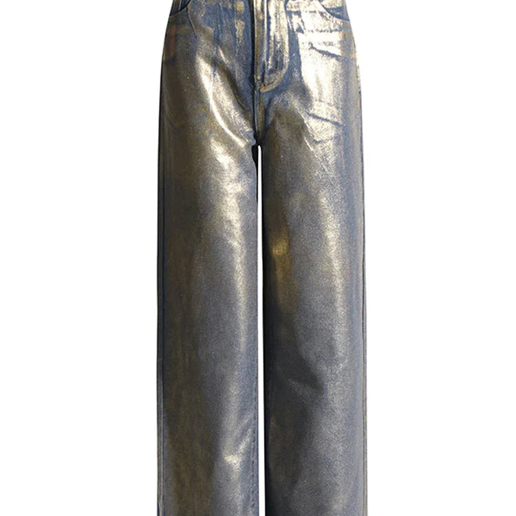 Cozok Metallic Wide Leg Jeans High Waist Pants For Women 2023 Autumn Vintage Y2K Streetwear Casual Loose Straight Denim Trousers