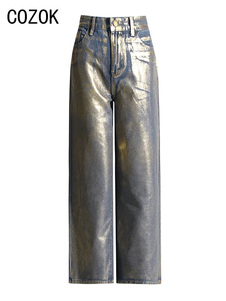Cozok Metallic Wide Leg Jeans High Waist Pants For Women 2023 Autumn Vintage Y2K Streetwear Casual Loose Straight Denim Trousers
