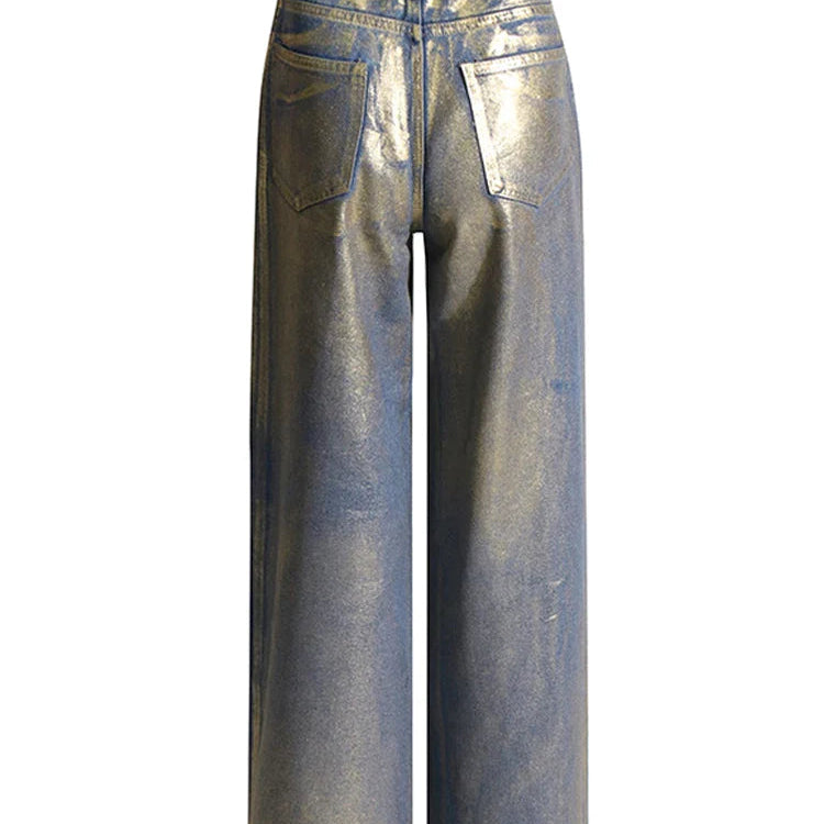 Cozok Metallic Wide Leg Jeans High Waist Pants For Women 2023 Autumn Vintage Y2K Streetwear Casual Loose Straight Denim Trousers