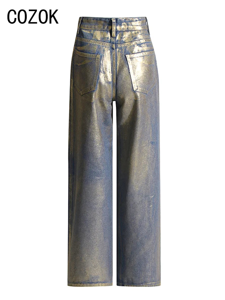 Cozok Metallic Wide Leg Jeans High Waist Pants For Women 2023 Autumn Vintage Y2K Streetwear Casual Loose Straight Denim Trousers