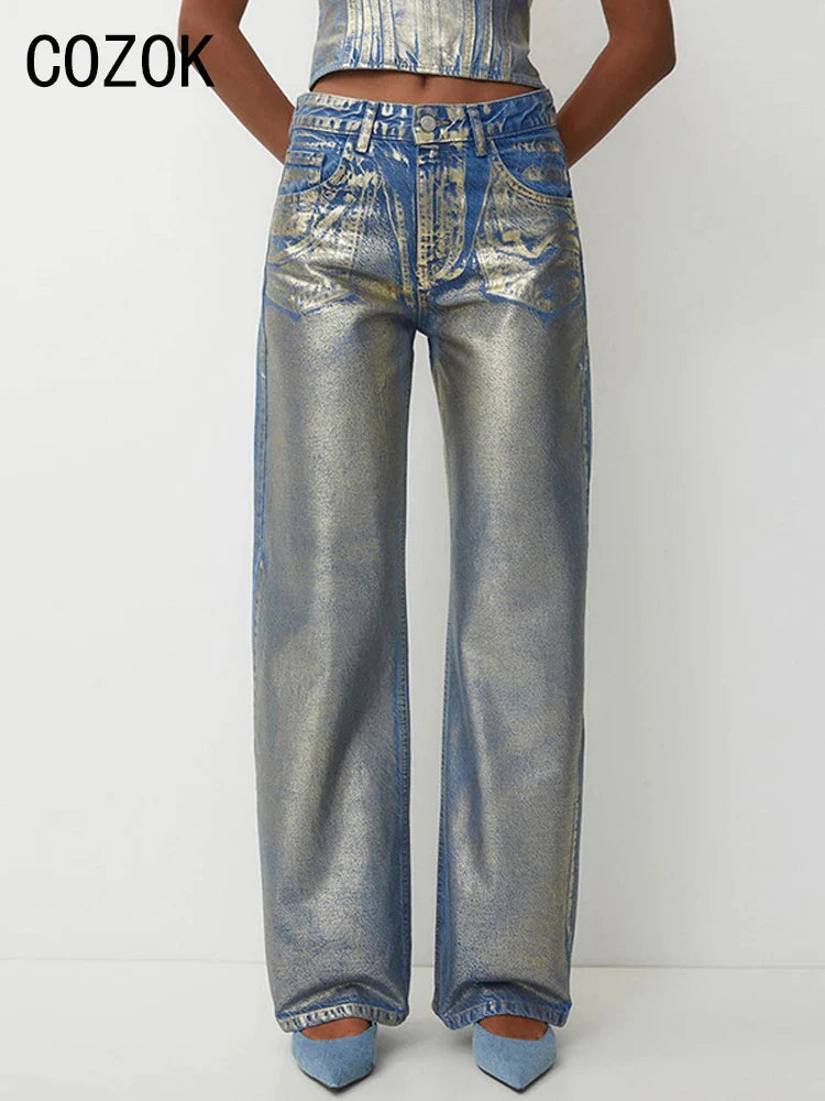 Cozok Metallic Wide Leg Jeans High Waist Pants For Women 2023 Autumn Vintage Y2K Streetwear Casual Loose Straight Denim Trousers Blue