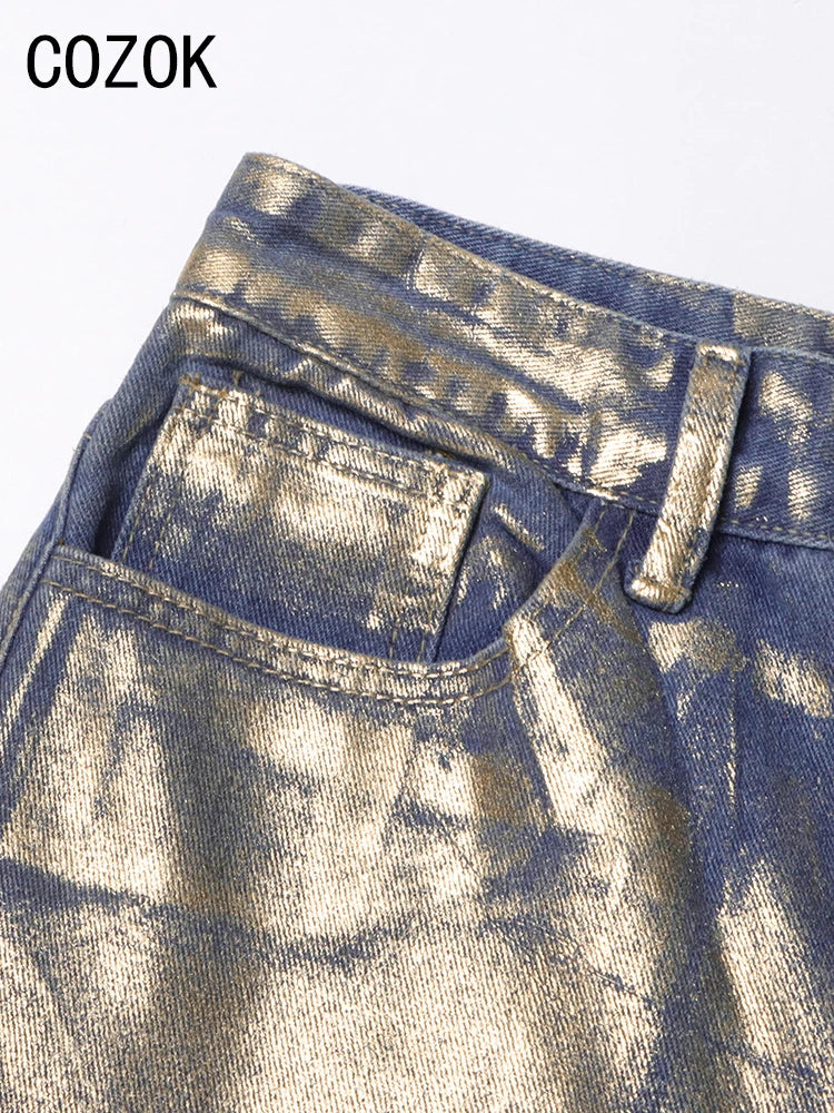 Cozok Metallic Wide Leg Jeans High Waist Pants For Women 2023 Autumn Vintage Y2K Streetwear Casual Loose Straight Denim Trousers