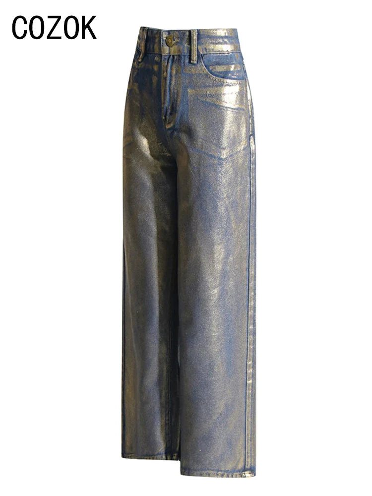 Cozok Metallic Wide Leg Jeans High Waist Pants For Women 2023 Autumn Vintage Y2K Streetwear Casual Loose Straight Denim Trousers