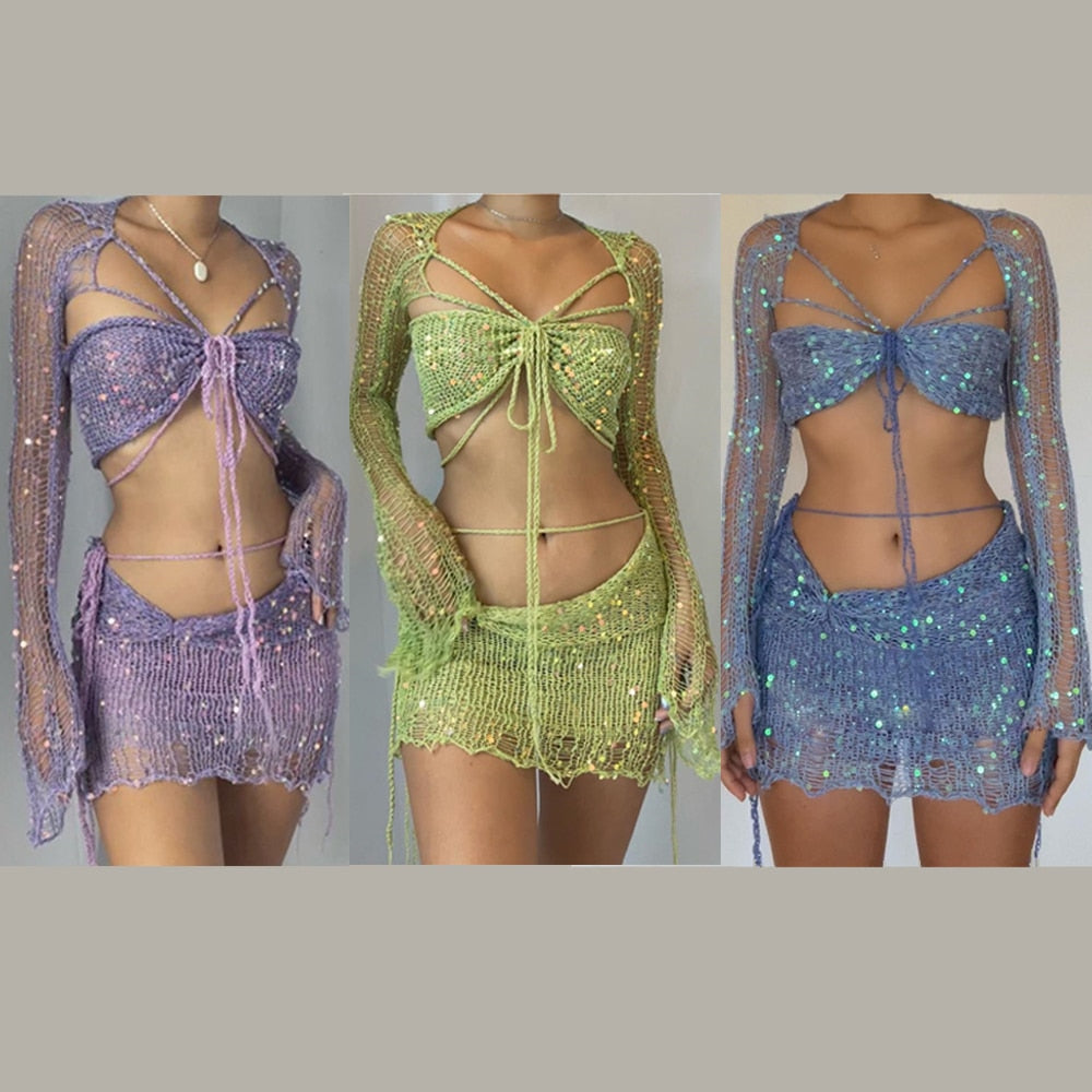 Crochet Knitted Dress Two Piece Skirt Sets 2024 Summer Women Clothes Sexy Crop Tops Elegant Knit Sequin Dress 2 Piece Set Outfit