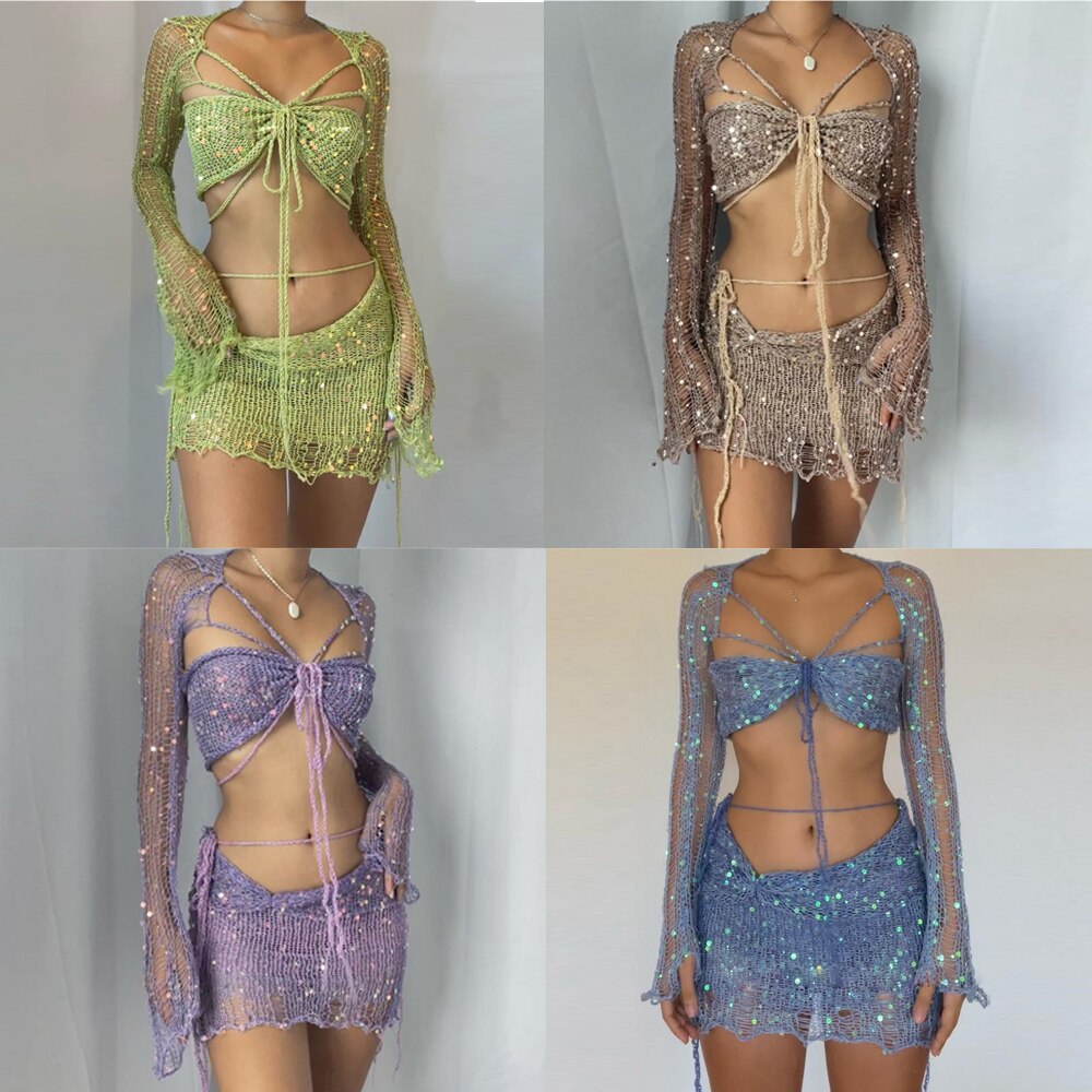 Crochet Knitted Dress Two Piece Skirt Sets 2024 Summer Women Clothes Sexy Crop Tops Elegant Knit Sequin Dress 2 Piece Set Outfit