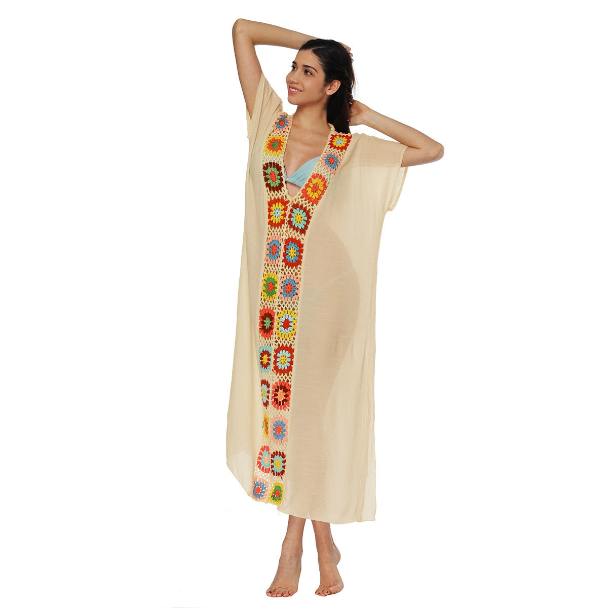 Crochet Swim Cover Up for Bathing Suit Maxi Beach Dress Designer Long Knitted Summer National Bath Outlet 7 Color Beige M