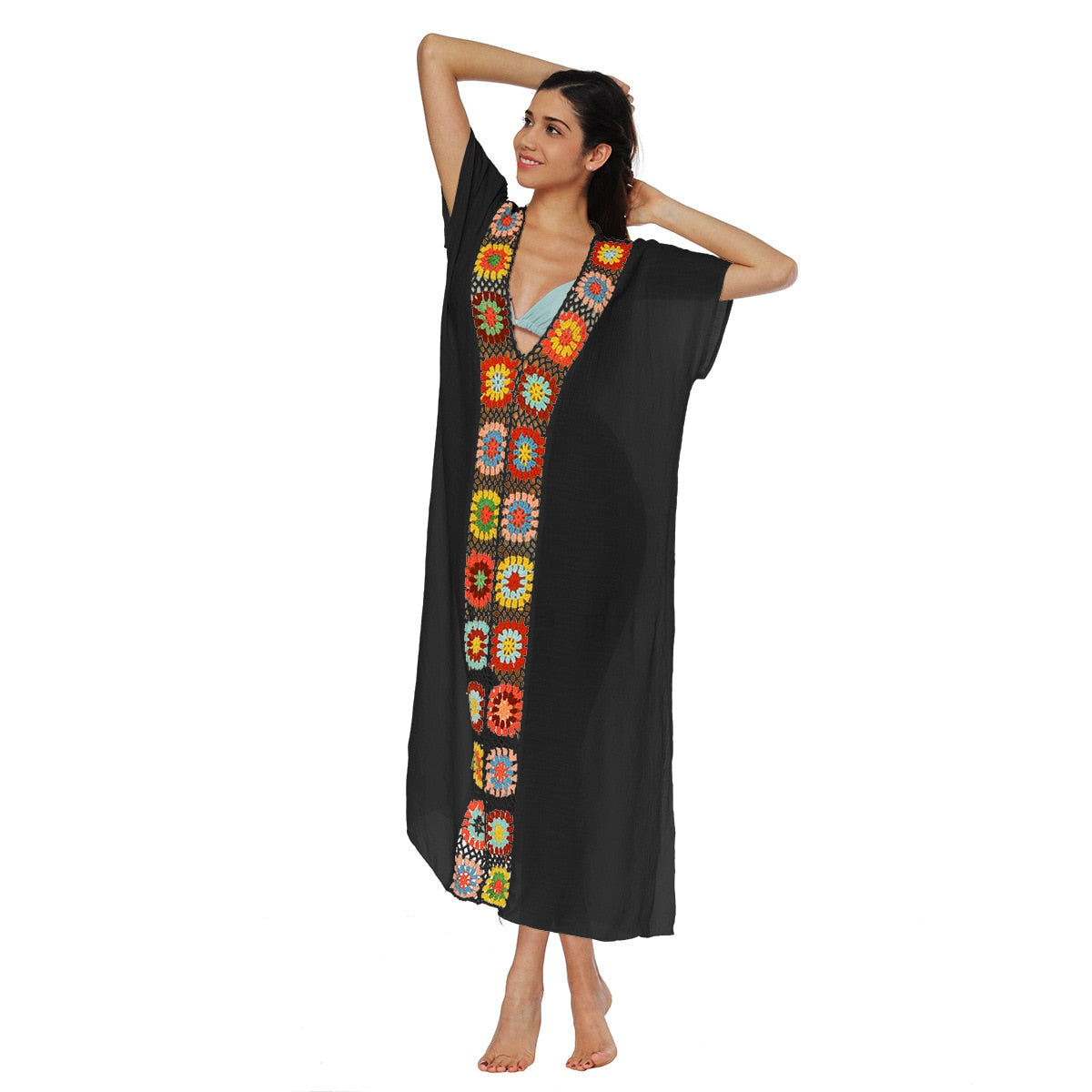 Crochet Swim Cover Up for Bathing Suit Maxi Beach Dress Designer Long Knitted Summer National Bath Outlet 7 Color Black M
