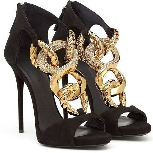 Cross Golden Chain Sandals Brand Design High Heel Sandalias Mujer Gladiator Black Suede Sandal Women Peep Toe Summer Shoes AMAIO