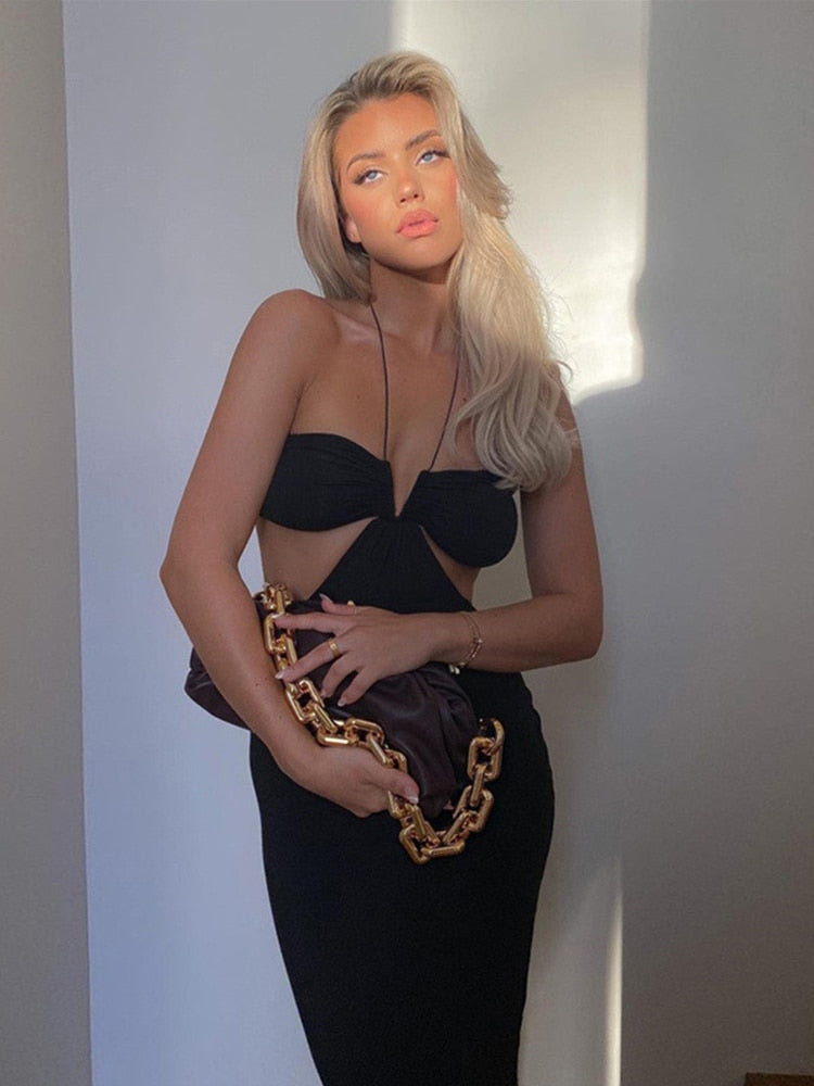 Cryptographic 2024 Summer Spaghetti Strap Halter Sexy Backless Maxi Dress Elegant Bandage Sleeveless Club Party Dresses Bodycon black