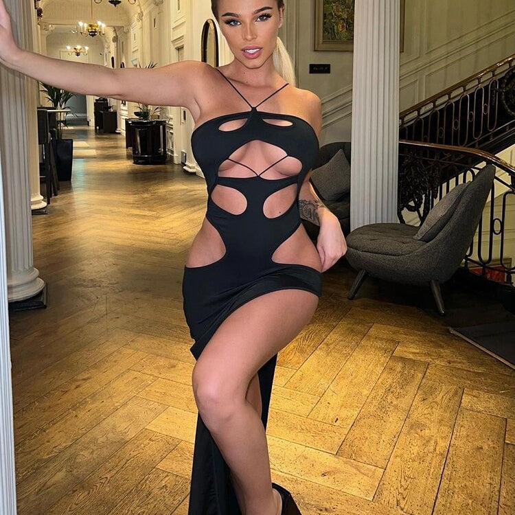 Cryptographic Fashion Black Halter Cut Out Hight Waist Split Long Dress Women Club Party Hot Sexy Backless Maxi Dresses Clothes