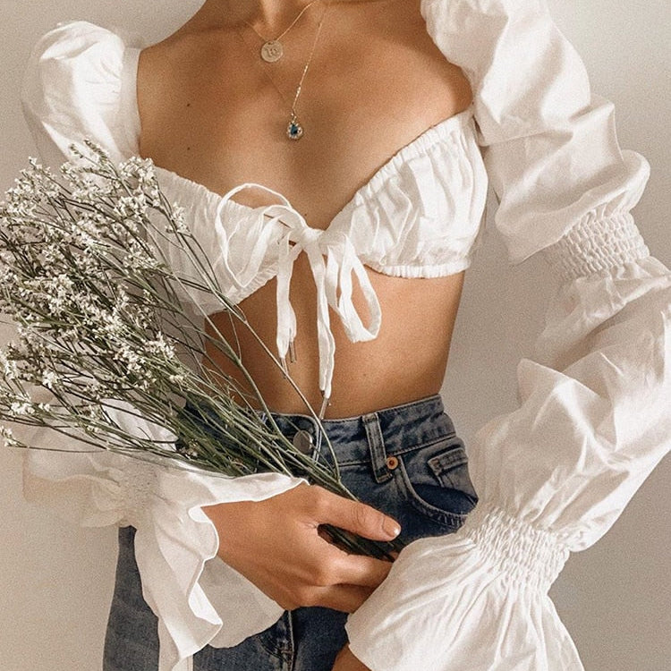 Cryptographic Shirred White Puff Sleeve Tie Front Top Women Blouse Shirts Elegant Hot Sexy Backless Crop Tops Fashion Blusas