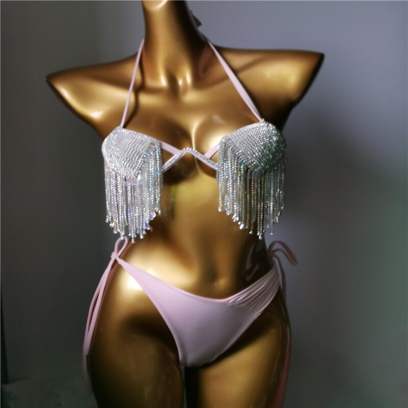 Crystal Diamond Bikini Sexy Gathered Push Up Women's Triangle Swimsuit High-End Luxury Rhinestone Tassel Swimwear Biquini Pink