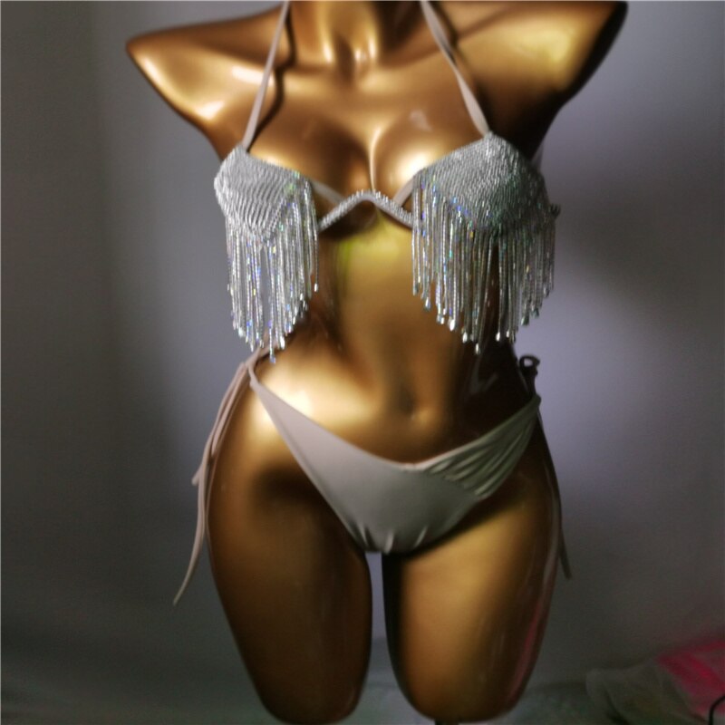 Crystal Diamond Bikini Sexy Gathered Push Up Women's Triangle Swimsuit High-End Luxury Rhinestone Tassel Swimwear Biquini Nude
