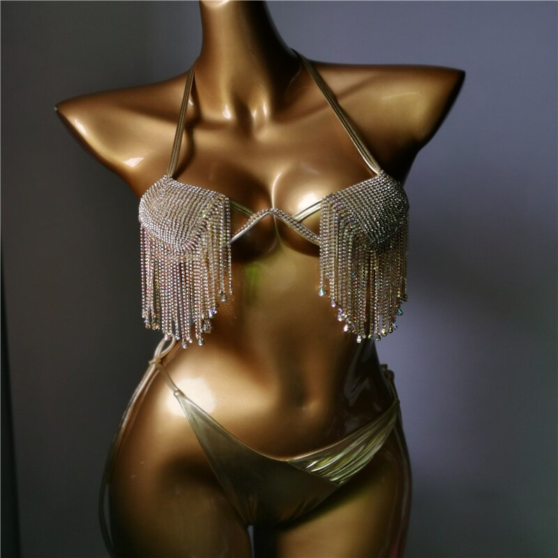 Crystal Diamond Bikini Sexy Gathered Push Up Women's Triangle Swimsuit High-End Luxury Rhinestone Tassel Swimwear Biquini Gold
