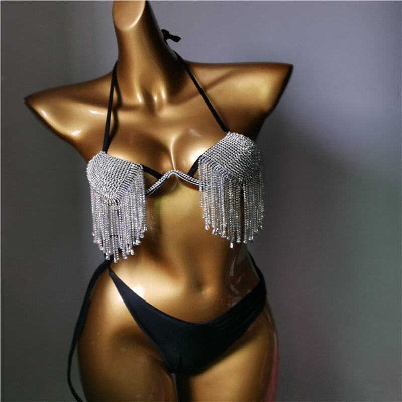 Crystal Diamond Bikini Sexy Gathered Push Up Women's Triangle Swimsuit High-End Luxury Rhinestone Tassel Swimwear Biquini