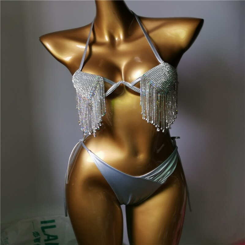 Crystal Diamond Bikini Sexy Gathered Push Up Women's Triangle Swimsuit High-End Luxury Rhinestone Tassel Swimwear Biquini