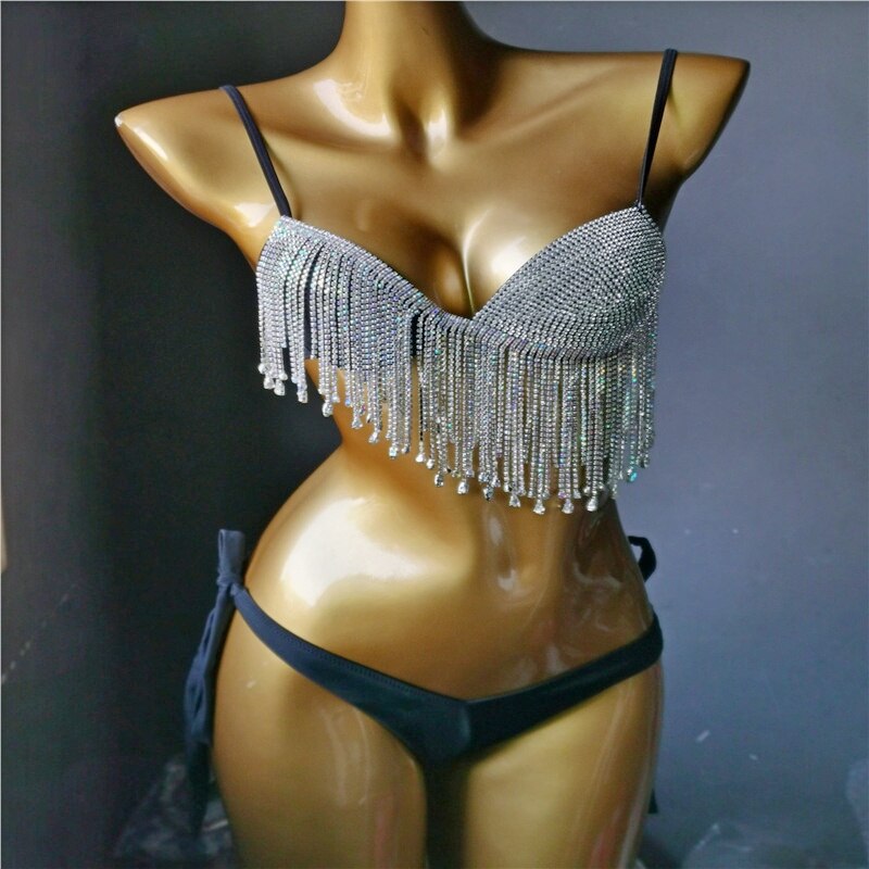 Crystal Diamond Bikinis Sexy Push Up Women Swimsuit Luxury Rhinestone Tassels Swimwear High-end Bathing Suit Black
