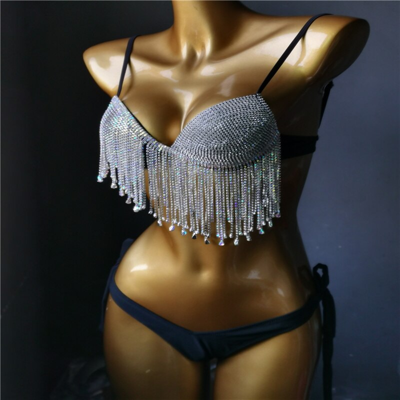 Crystal Diamond Bikinis Sexy Push Up Women Swimsuit Luxury Rhinestone Tassels Swimwear High-end Bathing Suit