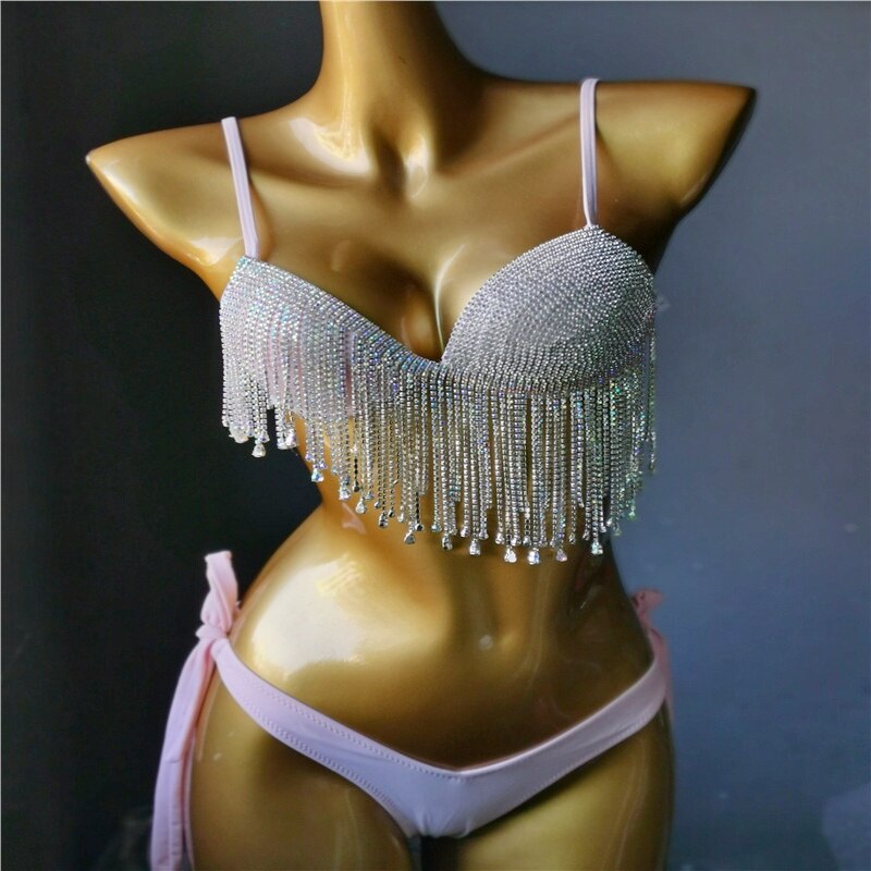 Crystal Diamond Bikinis Sexy Push Up Women Swimsuit Luxury Rhinestone Tassels Swimwear High-end Bathing Suit