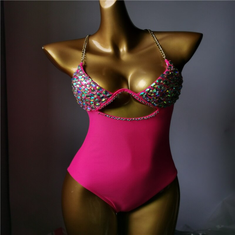 Crystal Diamond Chain Bikini Luxury Rhinestone Women's One-Piece Swimsuit Gathered Push Up Monokini Bathing Suit