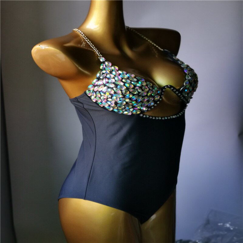 Crystal Diamond Chain Bikini Luxury Rhinestone Women's One-Piece Swimsuit Gathered Push Up Monokini Bathing Suit