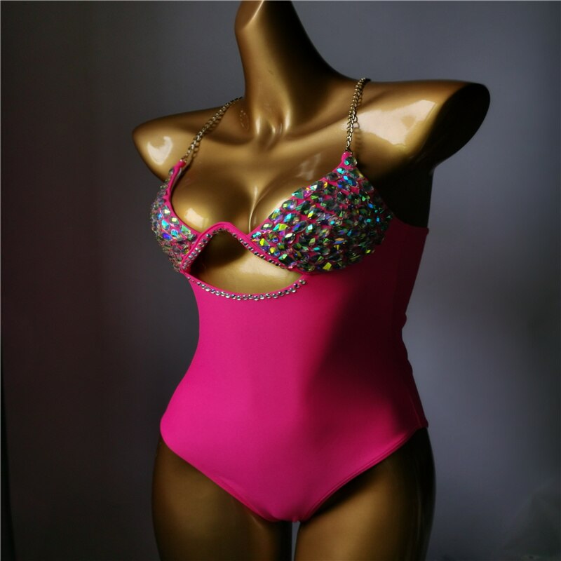 Crystal Diamond Chain Bikini Luxury Rhinestone Women's One-Piece Swimsuit Gathered Push Up Monokini Bathing Suit