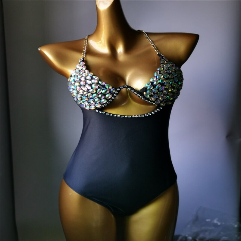 Crystal Diamond Chain Bikini Luxury Rhinestone Women's One-Piece Swimsuit Gathered Push Up Monokini Bathing Suit Black