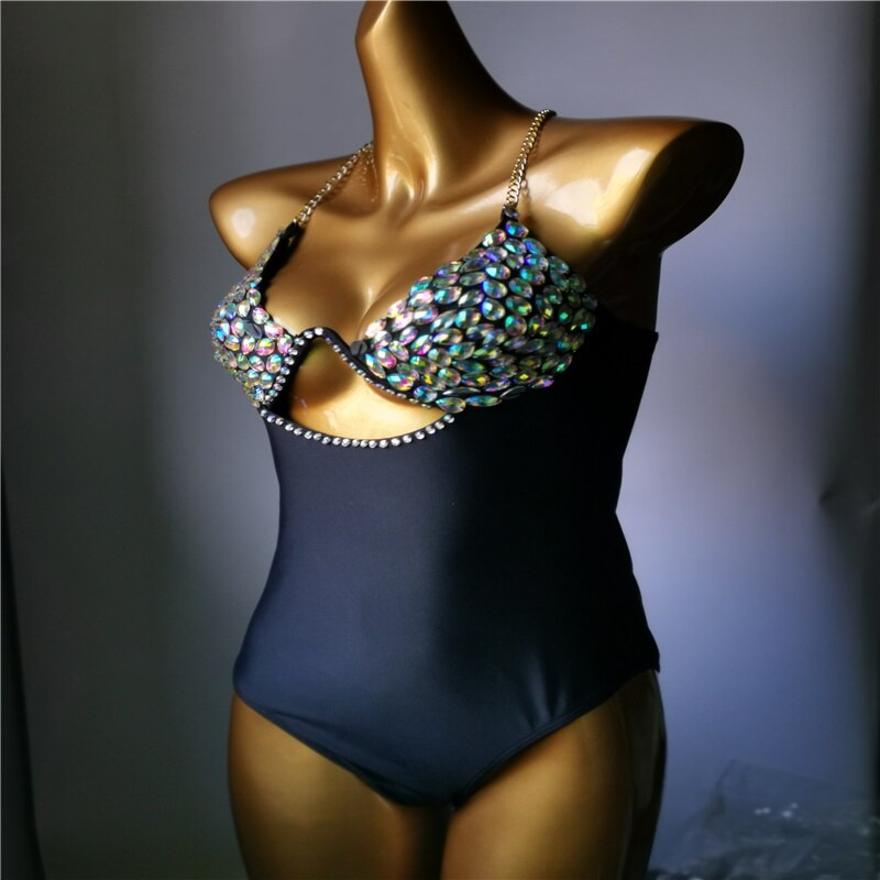 Crystal Diamond Chain Bikini Luxury Rhinestone Women's One-Piece Swimsuit Gathered Push Up Monokini Bathing Suit
