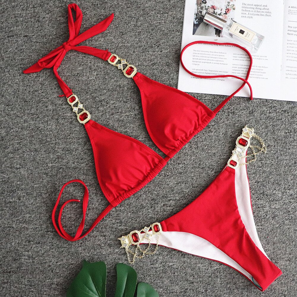Crystal Diamond Sexy Triangle Bikini Luxury Rhinestone Women' Swimsuit Jewelry Strappy Halter Swimwear Red
