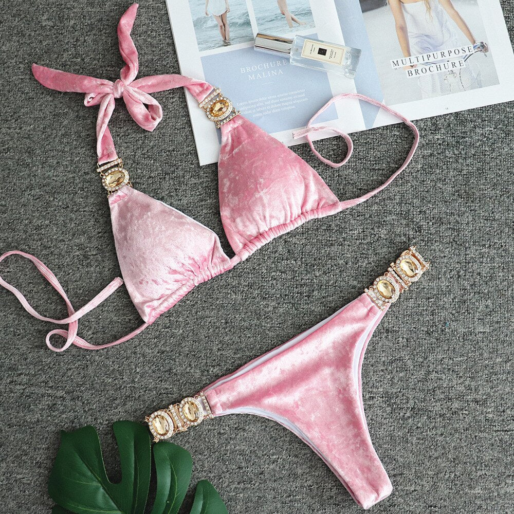 Crystal Diamond Triangle Bikini Luxury Rhinestone Women's Swimsuit Sexy Velvet Beach Swimwear