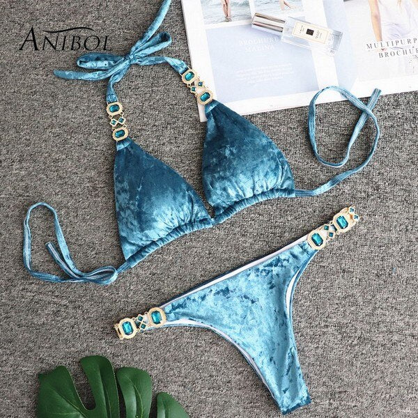 Crystal Diamond Triangle Bikini Luxury Rhinestone Women's Swimsuit Sexy Velvet Beach Swimwear Sky Blue