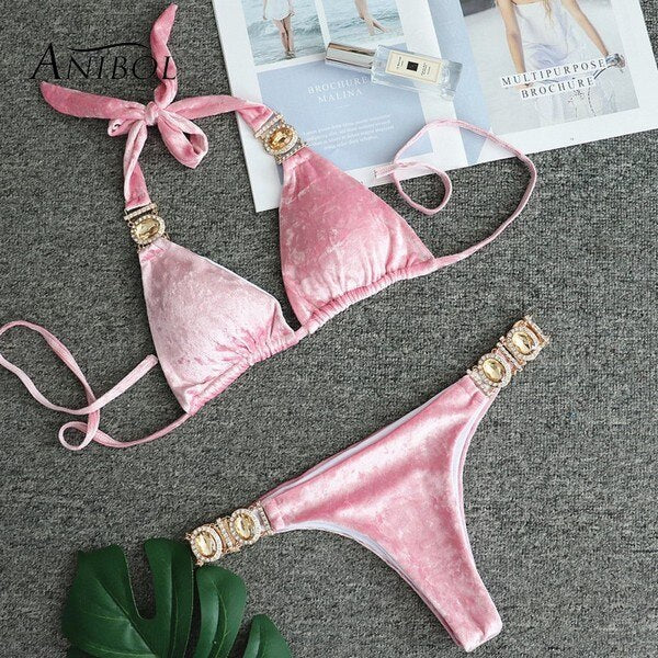 Crystal Diamond Triangle Bikini Luxury Rhinestone Women's Swimsuit Sexy Velvet Beach Swimwear Pink