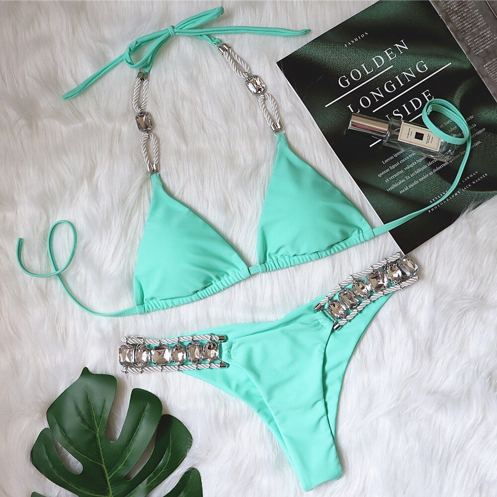 Crystal Diamond Triangle Bikini Luxury Rhinestone Women's Swimwear Sexy Straps Gathered Swimsuit Light green