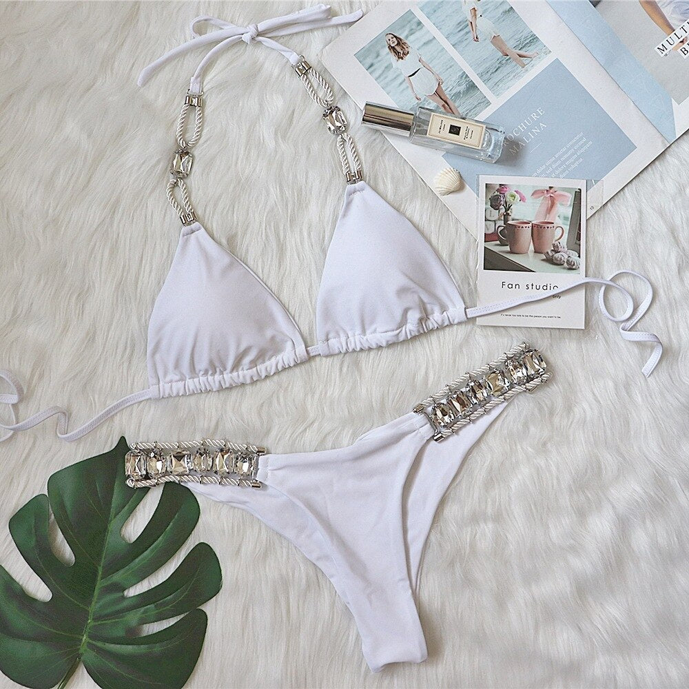 Crystal Diamond Triangle Bikini Luxury Rhinestone Women's Swimwear Sexy Straps Gathered Swimsuit White