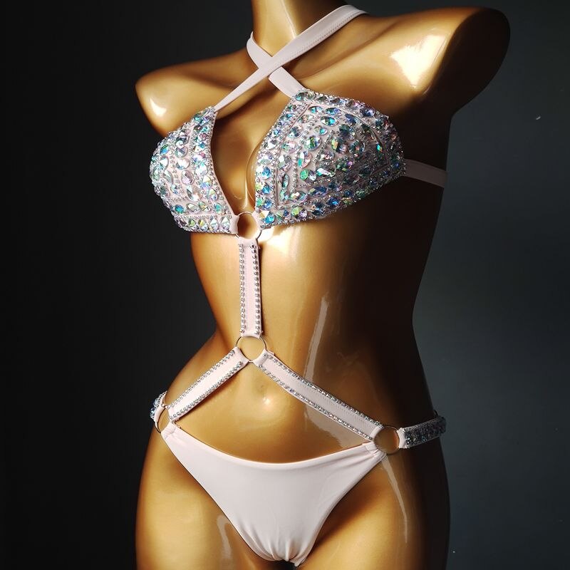 Crystal Diamond Triangle Bikini Sexy Bandage Push Up Women's Swimsuit Luxury Rhinestone Gathered Swimwear