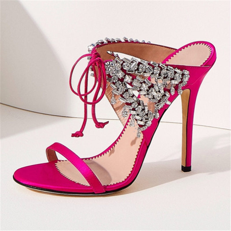 Crystal Tassel Sandals Strap Suede Women Summer Shoes Cross Diamond Stiletto Mujer Party 8cm and 10cm Pumps Big Size Euro 42