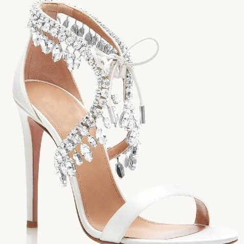 Crystal Tassel Sandals Strap Suede Women Summer Shoes Cross Diamond Stiletto Mujer Party 8cm and 10cm Pumps Big Size Euro 42 10cm heel 11