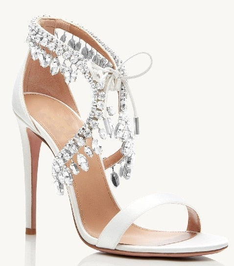 Crystal Tassel Sandals Strap Suede Women Summer Shoes Cross Diamond Stiletto Mujer Party 8cm and 10cm Pumps Big Size Euro 42 10cm heel 11