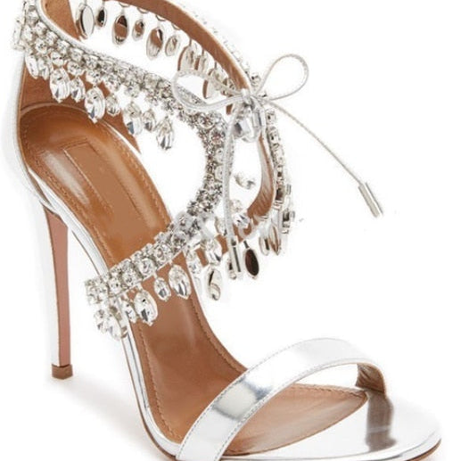 Crystal Tassel Sandals Strap Suede Women Summer Shoes Cross Diamond Stiletto Mujer Party 8cm and 10cm Pumps Big Size Euro 42 10cm heel 6