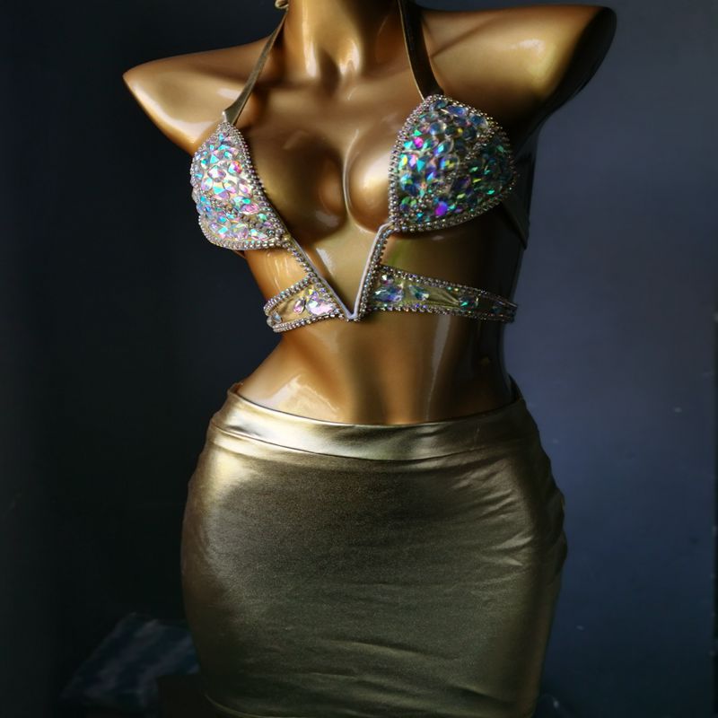 Customized Luxury Rhinestone Dress Crystal Diamond Nightclub Bikini Split Skirt Suit