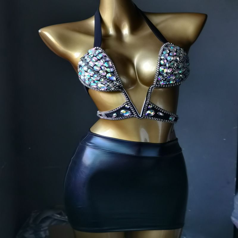 Customized Luxury Rhinestone Dress Crystal Diamond Nightclub Bikini Split Skirt Suit Black