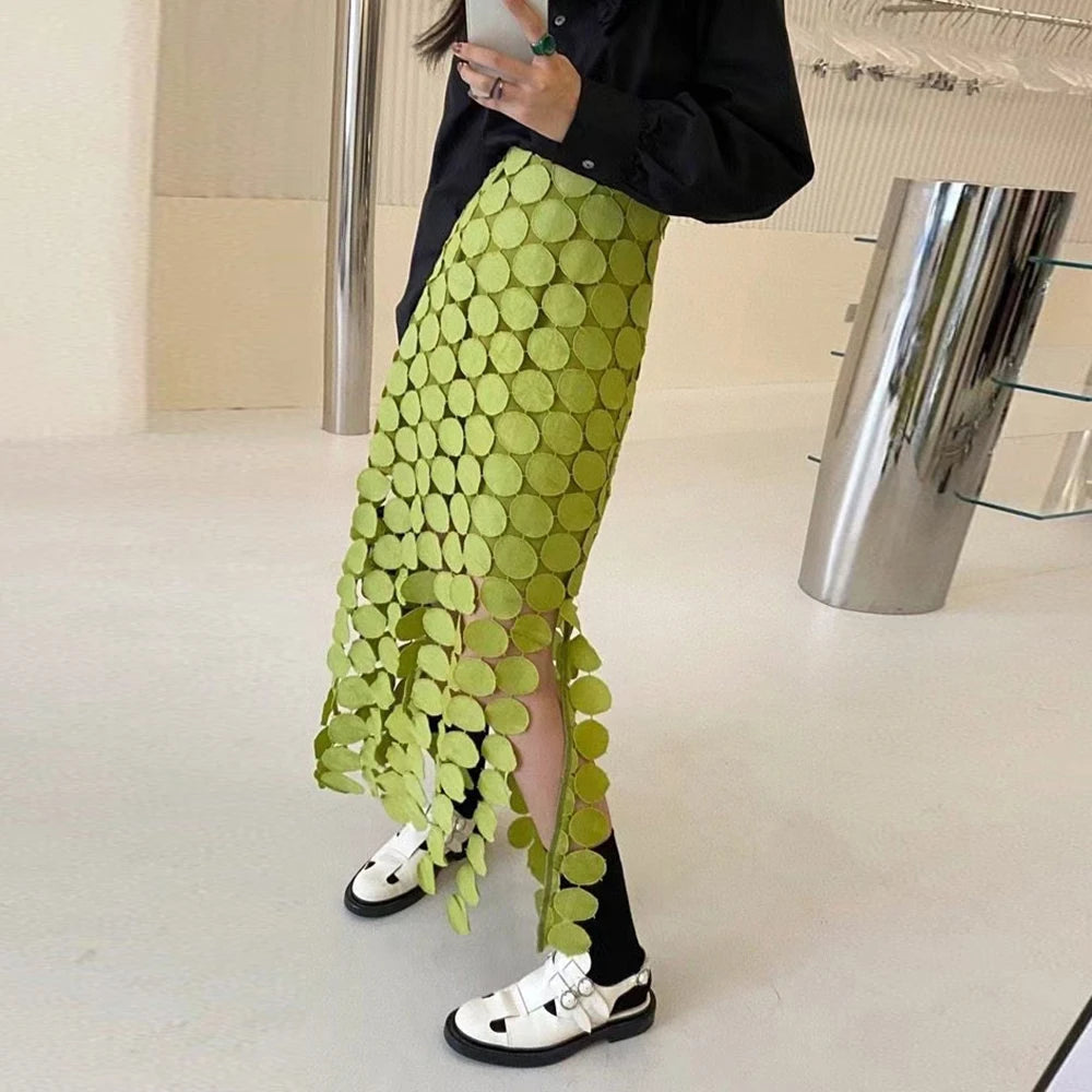 Cut Out Skirt For Women High Waist Patchwork Tassel Irregular Hem Solid Midi Skirts Female Summer Clothing Style green