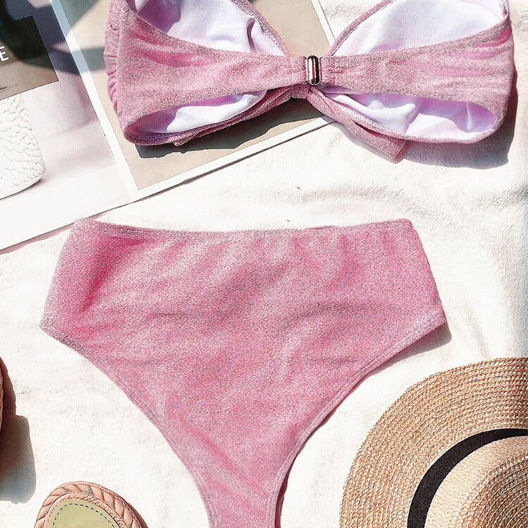Cute Bikini Set Glitter Sequin Two-Piece Bathing Suit Sexy Strapless High Waist Swimsuit Pink
