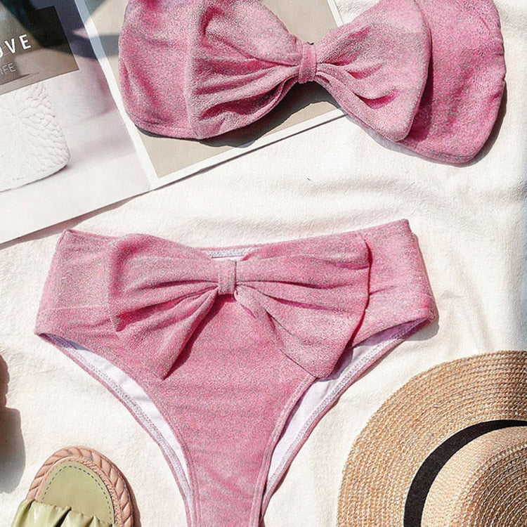 Cute Bikini Set Glitter Sequin Two-Piece Bathing Suit Sexy Strapless High Waist Swimsuit Pink