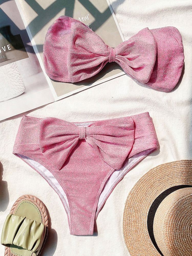 Cute Bikini Set Glitter Sequin Two-Piece Bathing Suit Sexy Strapless High Waist Swimsuit Pink