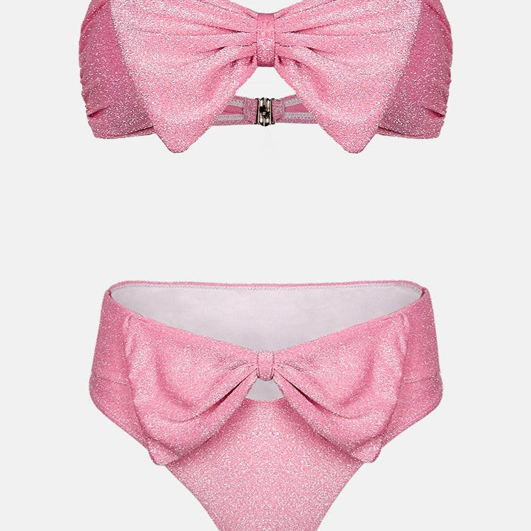 Cute Bikini Set Glitter Sequin Two-Piece Bathing Suit Sexy Strapless High Waist Swimsuit Pink