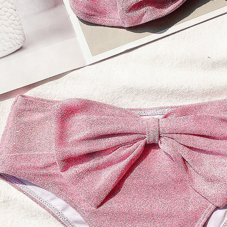 Cute Bikini Set Glitter Sequin Two-Piece Bathing Suit Sexy Strapless High Waist Swimsuit Pink