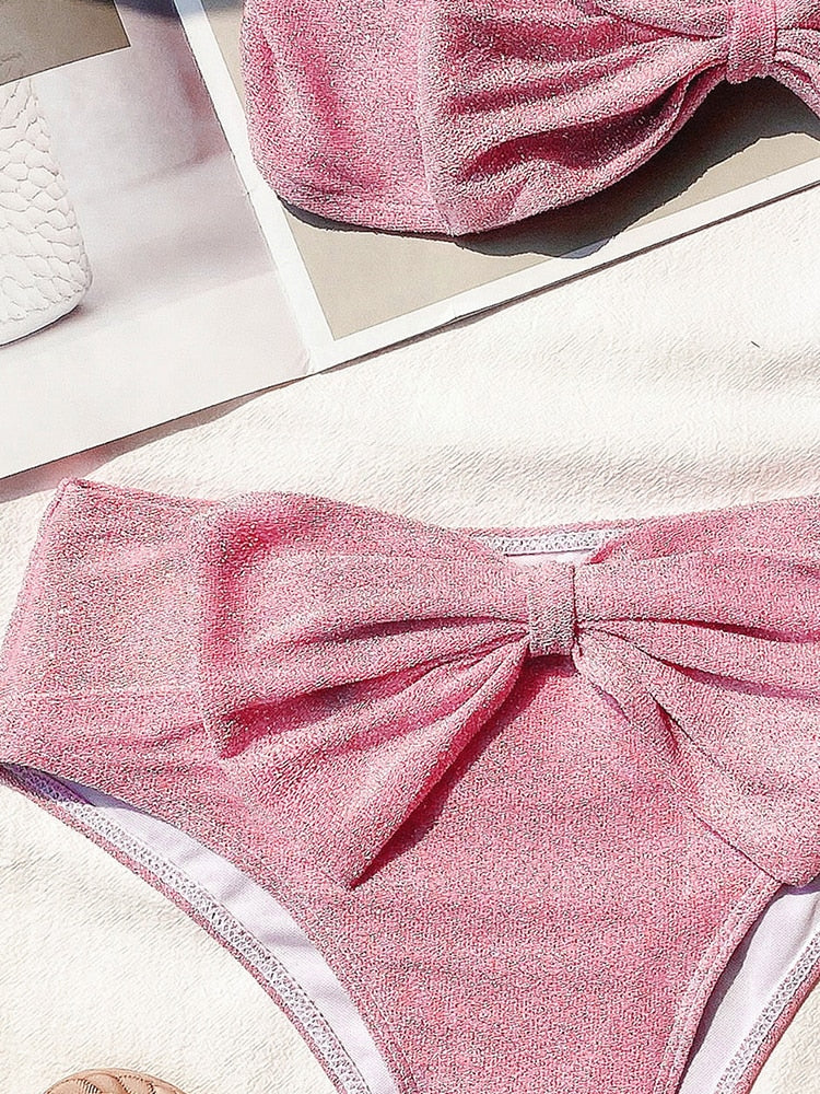 Cute Bikini Set Glitter Sequin Two-Piece Bathing Suit Sexy Strapless High Waist Swimsuit Pink